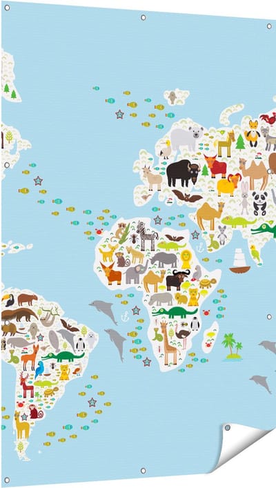 Gards Tuinposter Wereldkaart met Dieren - 100x150 cm - Tuindoek - Tuindecoratie - Wanddecoratie buiten - Tuinschilderij