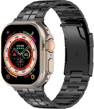 Stravo Premium Titanium Horlogeband met Dubbele Middenlink – Geschikt voor Apple Watch 42mm (Series 11/10) / 41mm (Series 9/8/7) / 40mm (Series 6/5/4, SE 3/2/1) / 38mm (Series 3/2/1) – Luxe metalen schakel Bandje - Zwart
