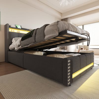 SINGULARITY-Gestoffeerd kinderbed 90x200cm met LED-verlichting en USB-aansluiting- met hydraulische opberging- eenpersoonsbed- linnen stof grijs- zonder matras