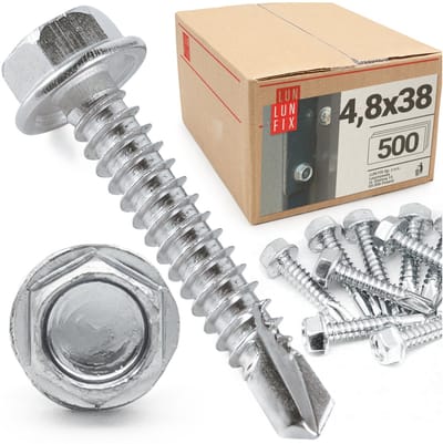 LUN FIX - Boorschroeven 4,8x38 mm - 500 stuks - Zeskantkop DIN 7504K - Verzinkt staal met boorpunt voor trapeziumplaten en metalen platen