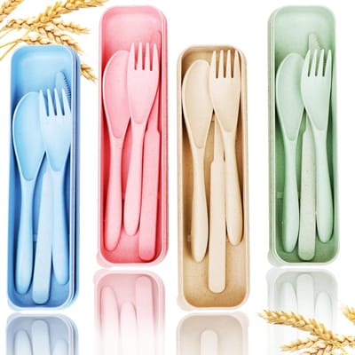 Bestekset - Reisbestek - Draagbaar plastic bestek - Campingbestekset - Herbruikbaar - Geschikt voor kamperen en school - 4-pack