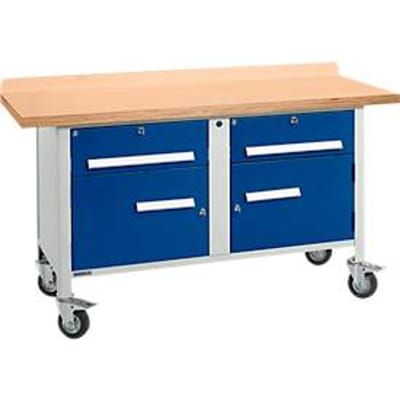 Mobiele werkbank Schäfer Shop Select PWi 150-0, multiplex beuken blad, tot 400 kg, B 1500 x D 700 x H 840 mm