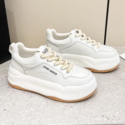 Skateboard Dames Nieuwe All-match Leer Casual Binnen Verhoogd Dikke zool Kleine Witte Schoenen Dames Grote Kop Damesschoenen 40 beige
