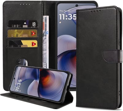 Geschikt voor Motorola Moto G55 Telefoonhoesje Kunstleer met Magnetisch lipje en Pasjeshouder Book Case met Klepje - Walletcase with Cardslot - Zwart - Smartphonica geschikt voor Motorola Moto G55