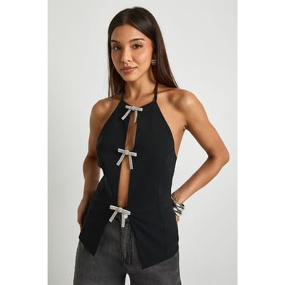 boohoo Dames Bengaline top met halternek en diamanten strikdetail | Black | Maat: 14