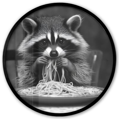 Poster in lijst Rond - Fotolijst 40x40 cm - Posters - Wasbeer - Cute - Pasta - Tafelkleed - Zwart - Wit - Ronde posterlijst zwart - Decoratie - Wanddecoratie woonkamer - Muurdecoratie slaapkamer