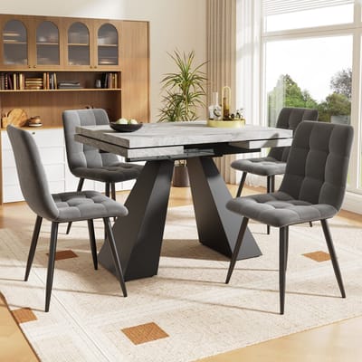 STILVORA Eethoek Set - Uitschuifbare Eettafel Met 4 Fluwelen Stoelen - Voor Eetkamer En Keuken - MDF Metaal - Zwart Grijs