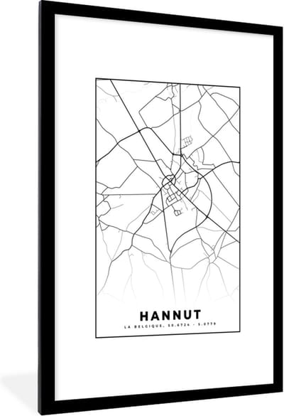 Fotolijst incl. Poster Zwart Wit- België – Hannut – Stadskaart – Kaart – Zwart Wit – Plattegrond - 80x120 cm - Posterlijst