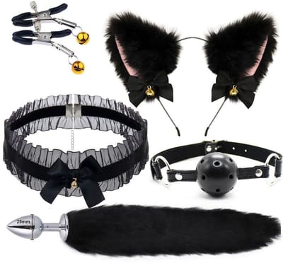 Oneay BDSM Speelgoedset – Anaalplug met Vossenstaart, Halsband, Tepelklemmen & Kattenoortjes & Gags– Rollenspel Set voor Beginners (Vrouwen) - Zwart