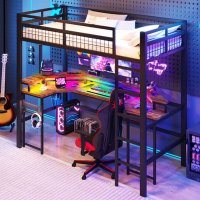 Hoogslaper 90 x 200 cm - met LED-verlichting - bureau - USB-poort - Type-C-poort en stopcontact - met paneel - zonder matras - zwart