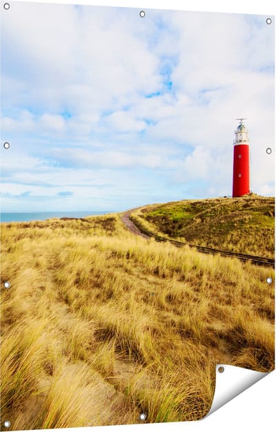 Gards Tuinposter Vuurtoren met Duinen in Texel - 90x120 cm - Tuindoek - Tuindecoratie - Wanddecoratie buiten - Tuinschilderij