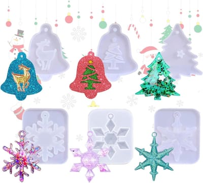 3D Kerst Resin Mallen Set van 6, DIY Siliconen Vormen voor Kerstdecoraties, Sneeuwvlokken en Klokken voor Kerstboom Ornamenten