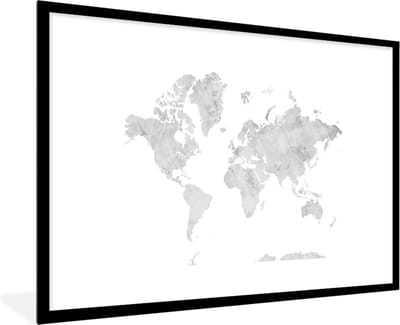 Poster in lijst - Fotolijst 90x60 cm - Posters - Wereldkaart - Grijs - Marmer - Posterlijst zwart - Decoratie - Wanddecoratie woonkamer - Muurdecoratie slaapkamer