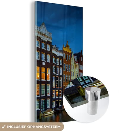 MuchoWow® Glasschilderij 20x40 cm - Schilderij acrylglas - Amsterdam - Water - Kleurrijk - Foto op glas - Schilderijen