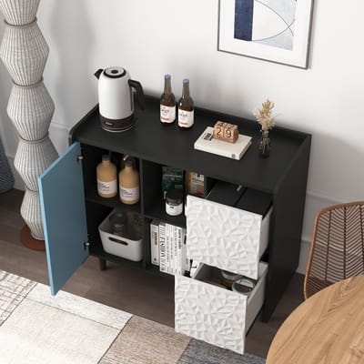 DESMIU Dressoir - Met Open Vakken En 2 Lades - Opbergkast Voor Keuken Woonkamer En Werkkamer - MDF - Zwart En Blauw - 90x40x80 Cm