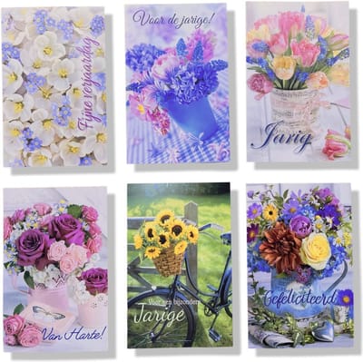 6 Cards & Crafts Verjaardag Bloemen Wenskaarten | 12x17cm gevouwen felicitatie kaarten Inclusief enveloppen