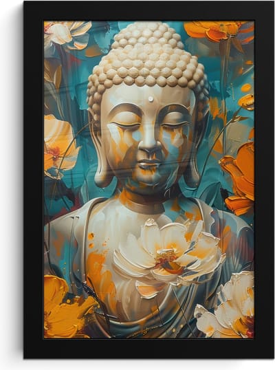 Poster in lijst - Fotolijst 20x30 cm - Posters - Buddha - Bloemen - Kleurrijk - Modern - Posterlijst zwart - Decoratie - Wanddecoratie woonkamer - Muurdecoratie slaapkamer