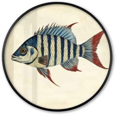 Poster in lijst Rond - Fotolijst 60x60 cm - Posters - Gestreept - Donkerblauw - Rugvin - Vis - Ronde posterlijst zwart - Decoratie - Wanddecoratie woonkamer - Muurdecoratie slaapkamer