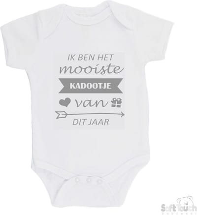 100% katoenen Romper "Ik ben het mooiste kadootje van dit jaar" Unisex Katoen Wit/grijs Maat 56/62