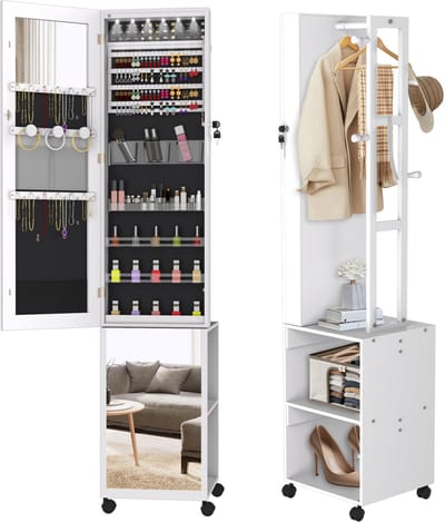 NAIZY Sieradenkast met spiegel spiegelkast make-upkast met wielen en 6 LED's afsluitbare sieradenopberger make-up organizer 3 in 1 met passpiegel staande spiegel, wit