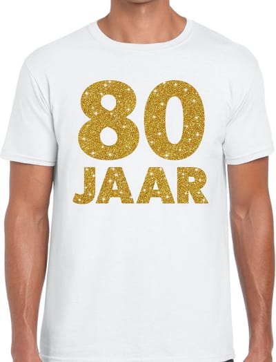 80 jaar goud glitter verjaardag t-shirt wit heren - verjaardag / jubileum shirts S
