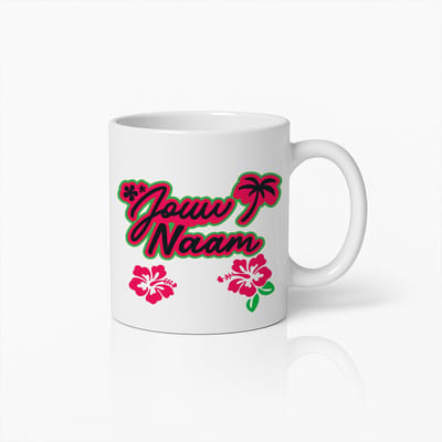 Tropische Gepersonaliseerde Mok met Palm- en Hibiscusbloemen – Zomerse Koffiemok met Eigen Naam