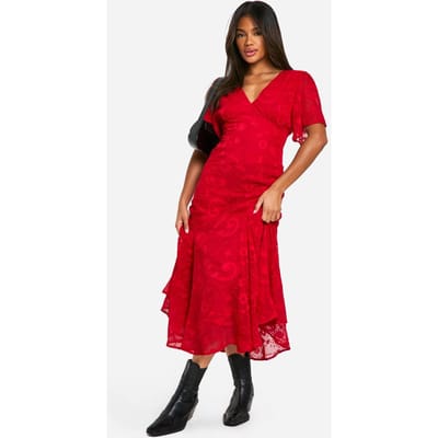 boohoo Dames Jacquard Paisley Angel Sleeve Midaxi-jurk | Rood | Maat: 38