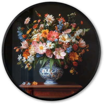 Poster in lijst Rond - Fotolijst 60x60 cm - Posters - Boeket - Roze - Bloemen - Vaas - Ronde posterlijst zwart - Decoratie - Wanddecoratie woonkamer - Muurdecoratie slaapkamer