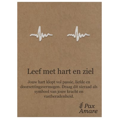 Stainless Steel Levenslijn Oorbellen op Cadeau Kaartje - Leef met hart en ziel - ± 10x10mm Oorknopjes Zilverkleurig Roestvrij Staal - Pax Amare