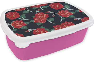 Broodtrommel Roze - Lunchbox - Brooddoos - Rozen - Bloem - Patroon - Rood - 18x12x6 cm - Kinderen - Meisje