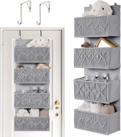 Hangende organizer met 4 vakken voor badkamer en slaapkamer, decoratieve opbergoplossing met 2 haken, vouwbare hangende plank voor kinderen en volwassenen