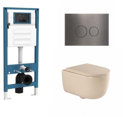 QeramiQ Dely Swirl Toiletset - inbouwreservoir Qeramiq Flush - 35mm zitting - metaal gunmetal bedieningsplaat - ronde knoppen - beige