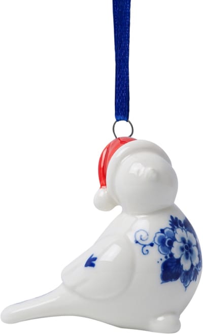 Kerstornament Vogel met kerstmuts - Links - Keramiek - 6 cm