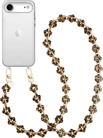 xoxo Wildhearts siliconen hoesje geschikt voor iPhone 17 Air - Leopard Flowers (lang koord) - Telefoonhoesje - Hoesje met koord - Bloemen koord met luipaardprint - Lang telefoonkoord - Transparant hoesje