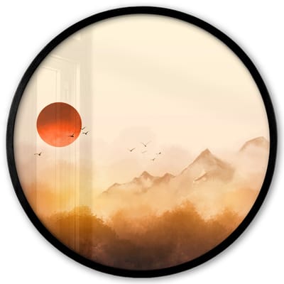Poster in lijst Rond - Fotolijst 40x40 cm - Posters - Schilderij - Zon - Landschap - Vogels - Ronde posterlijst zwart - Decoratie - Wanddecoratie woonkamer - Muurdecoratie slaapkamer
