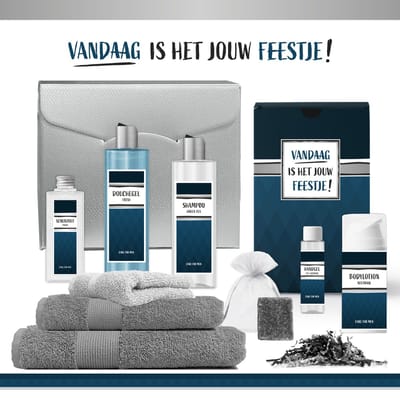 Geschenkset "Vandaag is het jouw feestje!" - 9 Producten - 1275 Gram | Giftset voor hem - Luxe cadeaubox man - Verjaardag - Pensioen - Jubileum - Zilver Wellness Pakket deluxe - Cadeau set - Badlaken - Badhanddoek - Vader - Vriend - Collega - Blauw