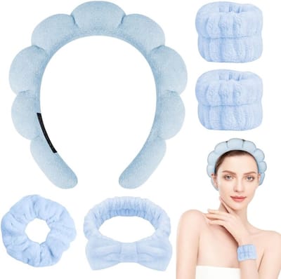 Set van 5 Haarbanden voor Vrouwen - Elastische en Antislip Bands voor Gezichtsreiniging, Make-up en Douche (Blauw)