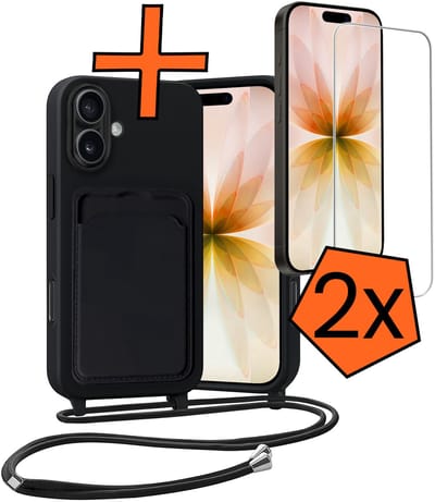Hoesje Geschikt voor iPhone 17 Hoesje Met Telefoonketting Pasjeshouder Case Met 2x Screenprotector Koord - Hoesje Geschikt voor iPhone 17 Hoes Met Kaarthouder - Zwart