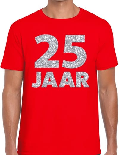 25 jaar verjaardag t-shirt - rood - voor heren - zilver glitters print - jubileum - leeftijd - korte mouwen S