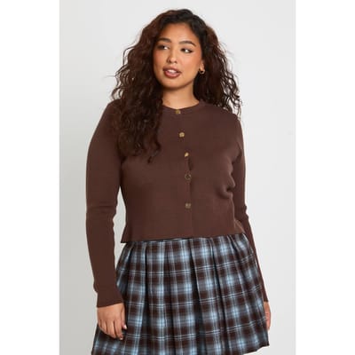 boohoo Dames Plus Ronde Hals Boxy Donzen Cardigan | Chocoladebruin | Maat: 44-46