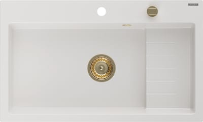 Mexen Omar granieten gootsteen 1-komorige 800 x 480 , wit, gouden sifon - 6520801005-20-G