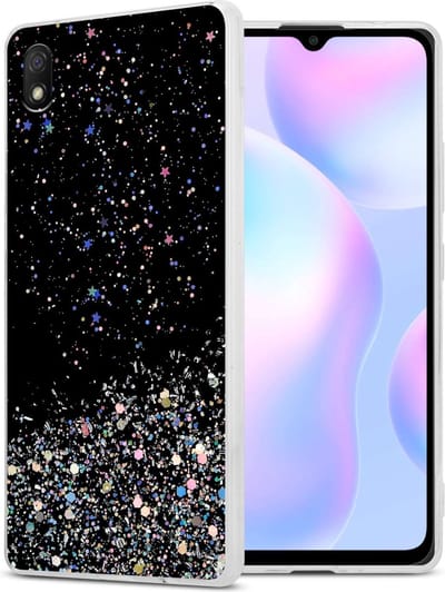 Cadorabo Hoesje geschikt voor Xiaomi RedMi 9A / RedMi 9AT in Zwart met Glitter - Beschermhoes van flexibel TPU silicone met fonkelende glitters Case Cover Etui