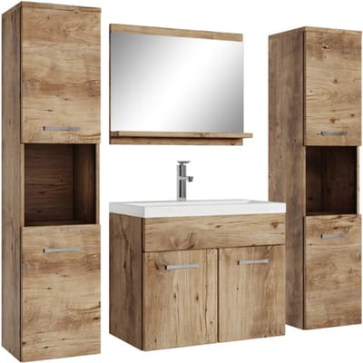 Badplaats Badkamermeubel Set Montreal XL 60 x 35 cm – Kastanje Eiken – Badmeubel met Spiegel en Zijkasten