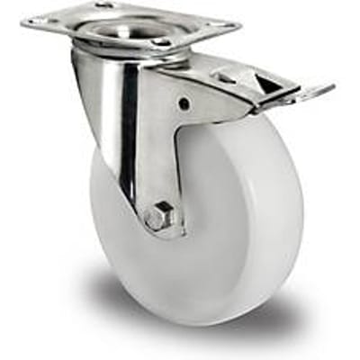 CASCOO roestvrij stalen zwenkwiel N0N0, met rem, wiel ø 100 mm x B 36 mm, polyamide velg, polyamide loopvlak, naturel/wit, roestvrij stalen glijlager, tot 150 kg