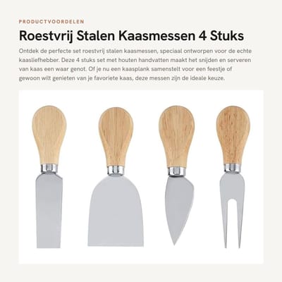 Dailygoods- Kaasmessen Set 4 Stuks - Roestvrij Stalen Messen - Houten Handvat - Kaasschop/Kaasvork - Rechthoekig/Hartvormig - Duurzaam en Lichtgewicht - Kaasgereedschap