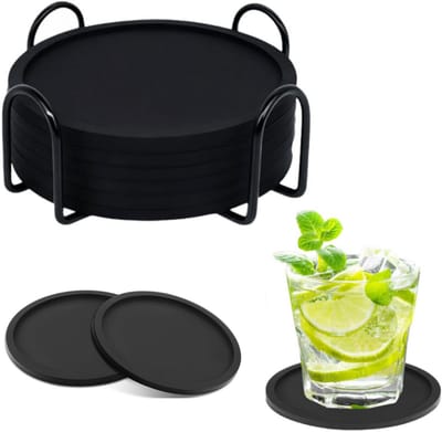 Onderzetters- onderzetters voor glazen- Zwarte onderzetters - Dikke ronde siliconen onderzetters - Voor drankjes - Koffiematten - Bierbarmatten - 6 zwarte onderzetters + zwart ijzeren frame - Verdikt - Anti-morsrand (10x0,5cm)