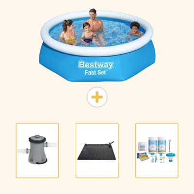 Bestway Rond Opblaasbaar Fast Set Zwembad - 244 x 61 cm - Blauw - Inclusief Pomp - Solar Mat - Onderhoudspakket - 4-delig