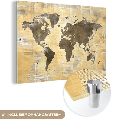 ® Glasschilderij 150x100 cm - Schilderij acrylglas - Wereldkaart - Krant - Gouden - Foto op glas - Muurdecoratie woonkamer - Wanddecoratie slaapkamer - Schilderijen