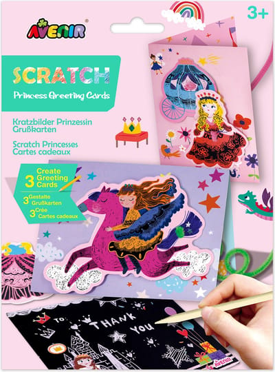 AVENIR Scratch Art Wenskaarten - Prinsessen - Met Enveloppen - 3 Stuks - 3 Jaar