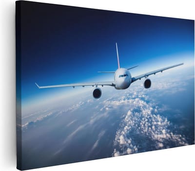 Artaza Canvas Schilderij Vliegtuig Boven De Wolken - 30x20 cm - Klein - Wanddecoratie Lucht - Muurdecoratie Woonkamer - Kamer Accessoires